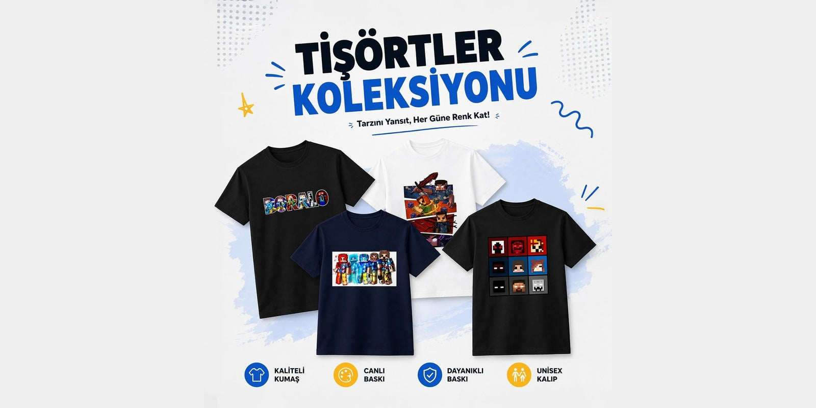 Tişörtler koleksiyonu — kaliteli kumaş, canlı baskı